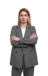 Beautiful businesswoman in suit on white background