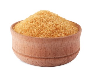 Photo of Wooden bowl of granulated brown sugar isolated on white