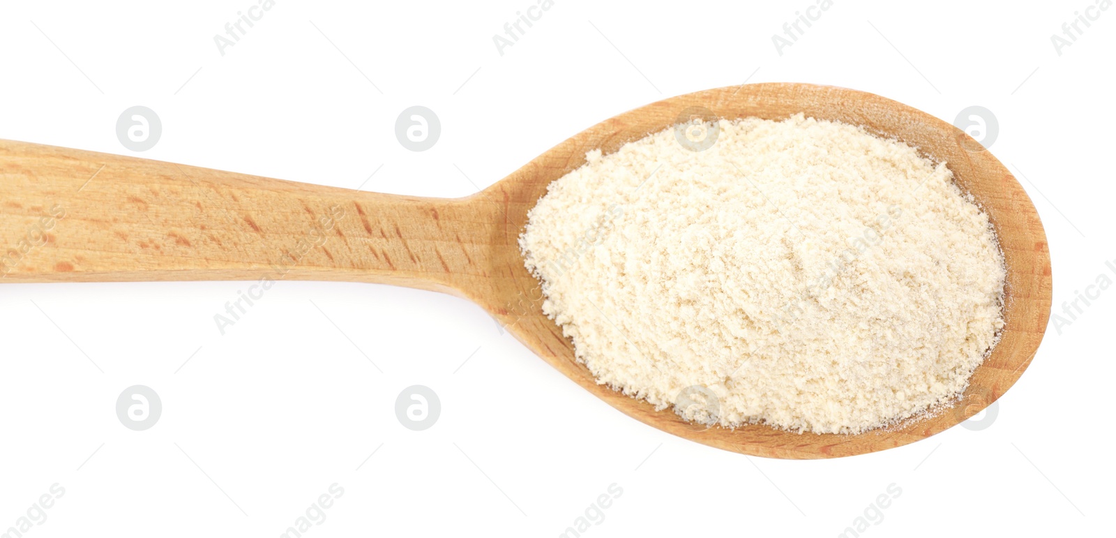 Photo of Wooden spoon with quinoa flour on white background, top view