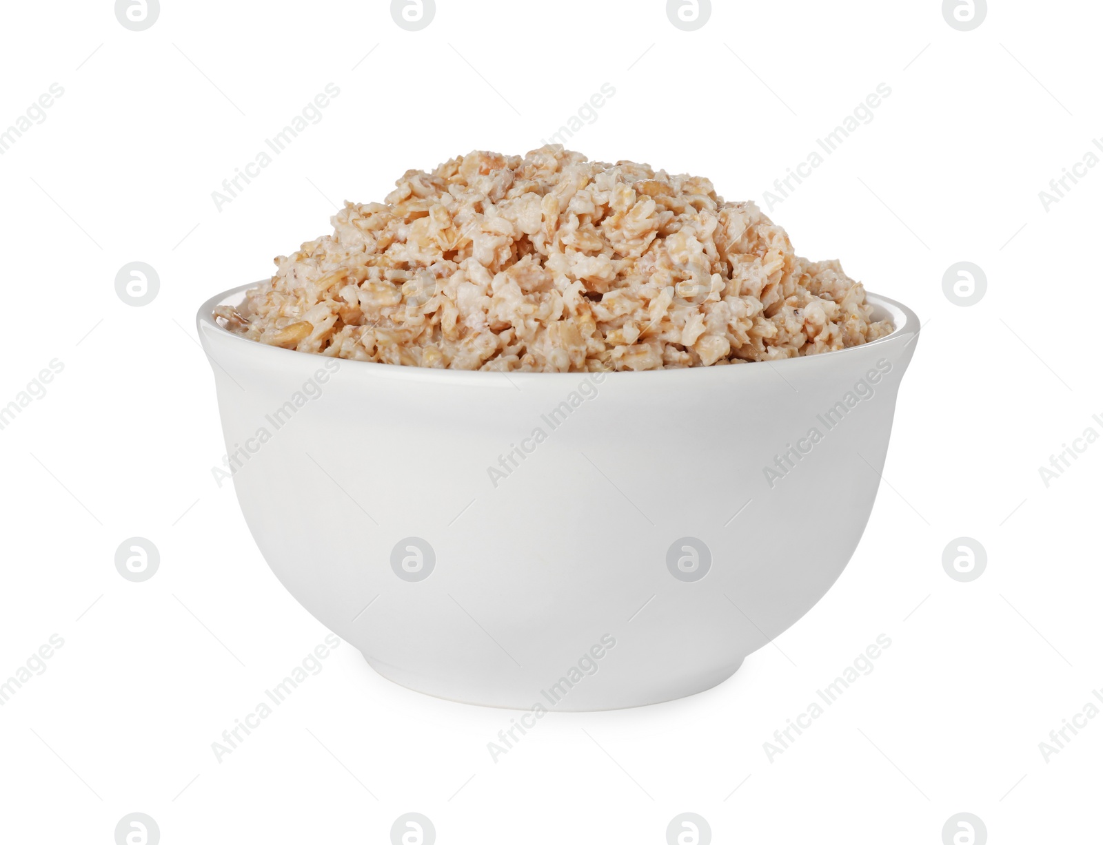 Photo of Tasty boiled oatmeal in bowl isolated on white