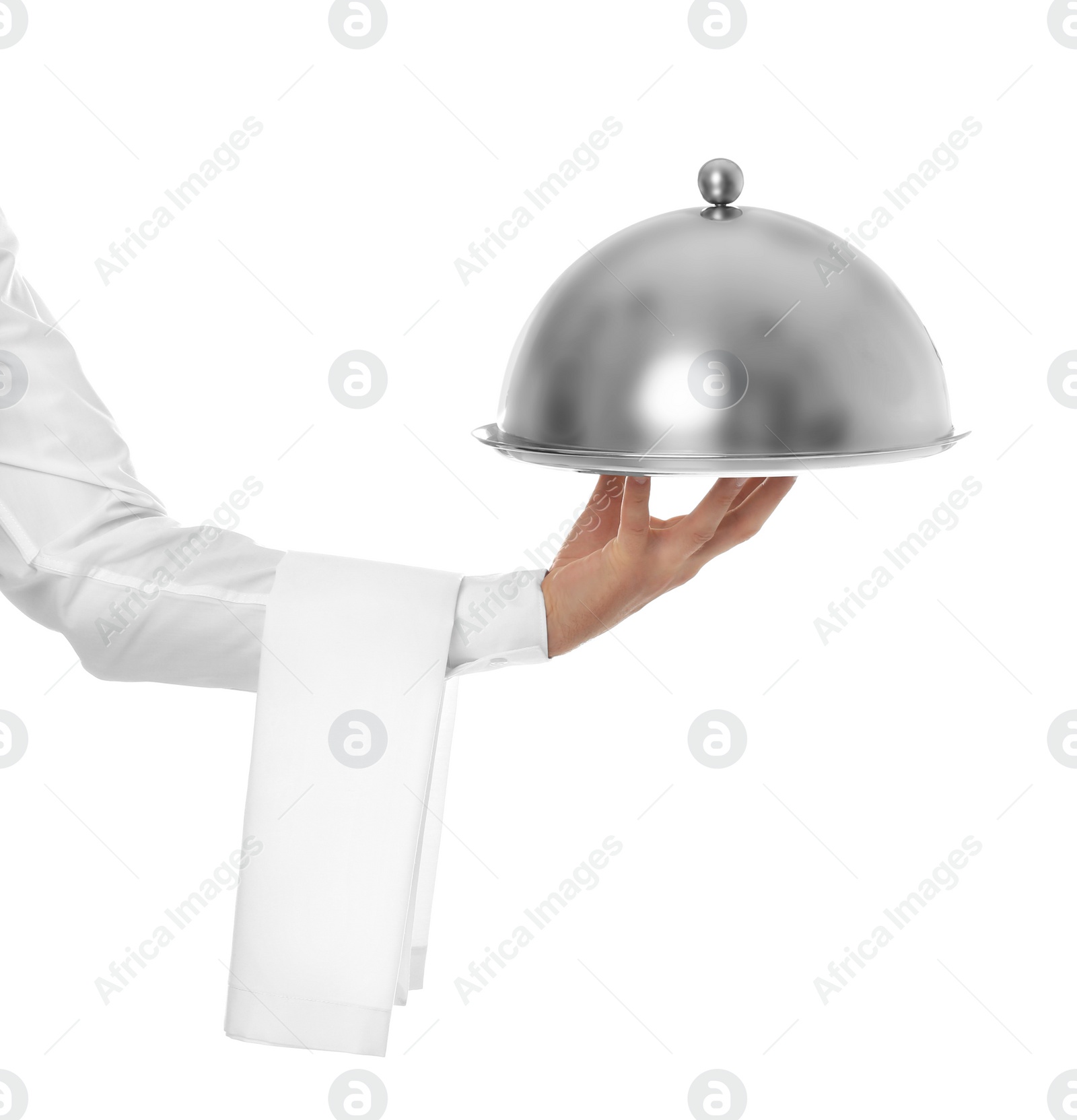 Photo of Waiter holding metal tray with lid on white background, closeup