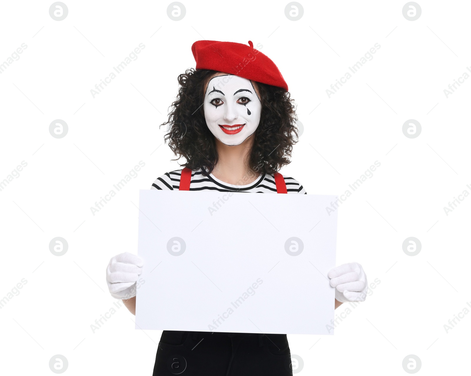 Photo of Funny mime with blank sign posing on white background