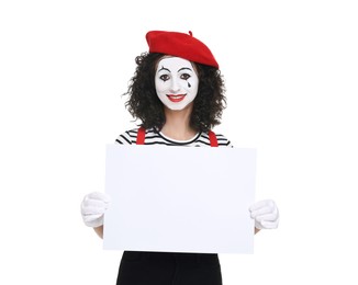 Funny mime with blank sign posing on white background
