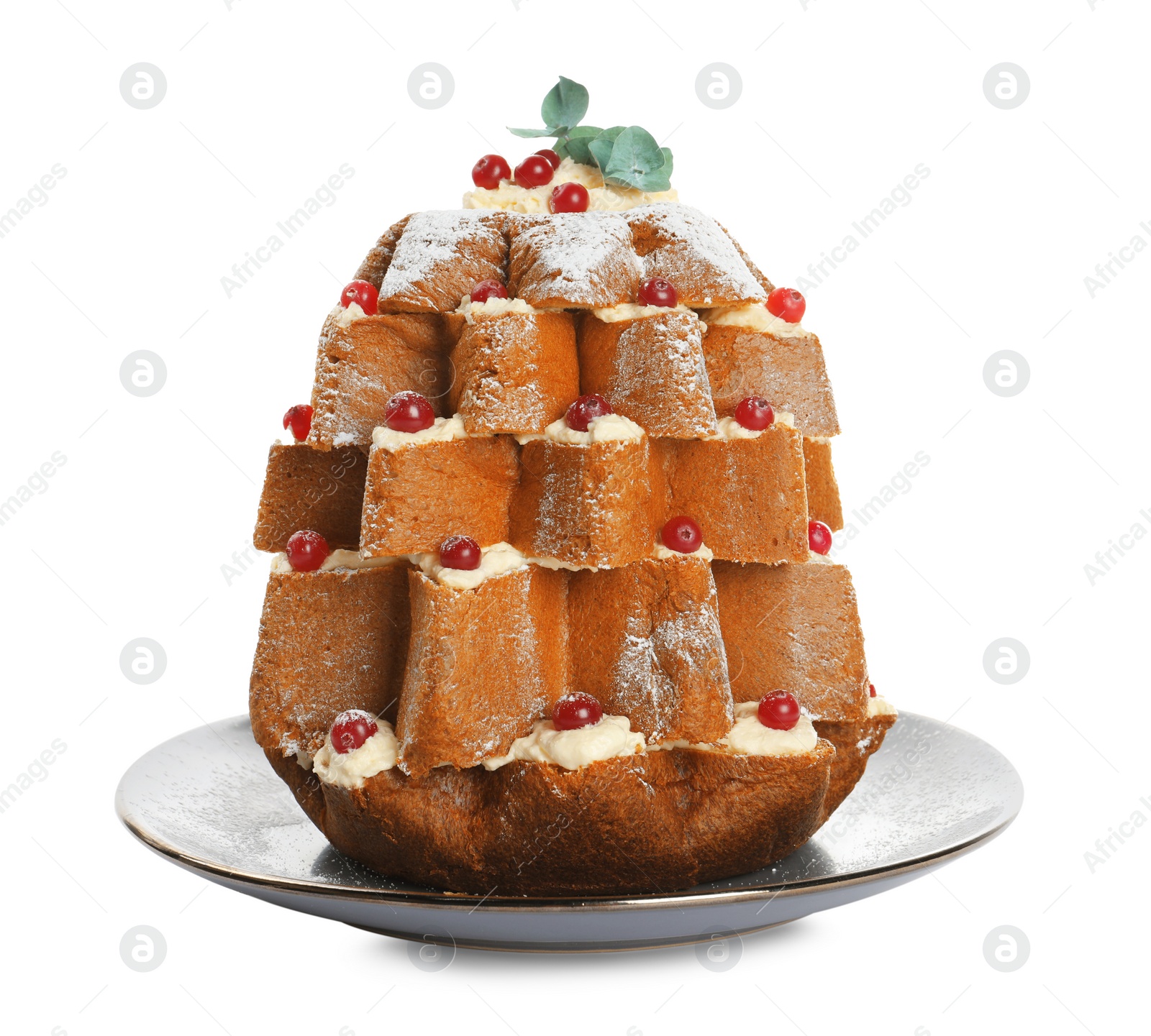Photo of Delicious Pandoro Christmas tree cake decorated with powdered sugar and berries on white background