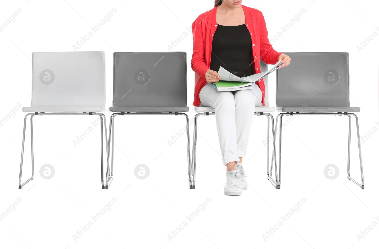 Photo of Young woman waiting for job interview on white background