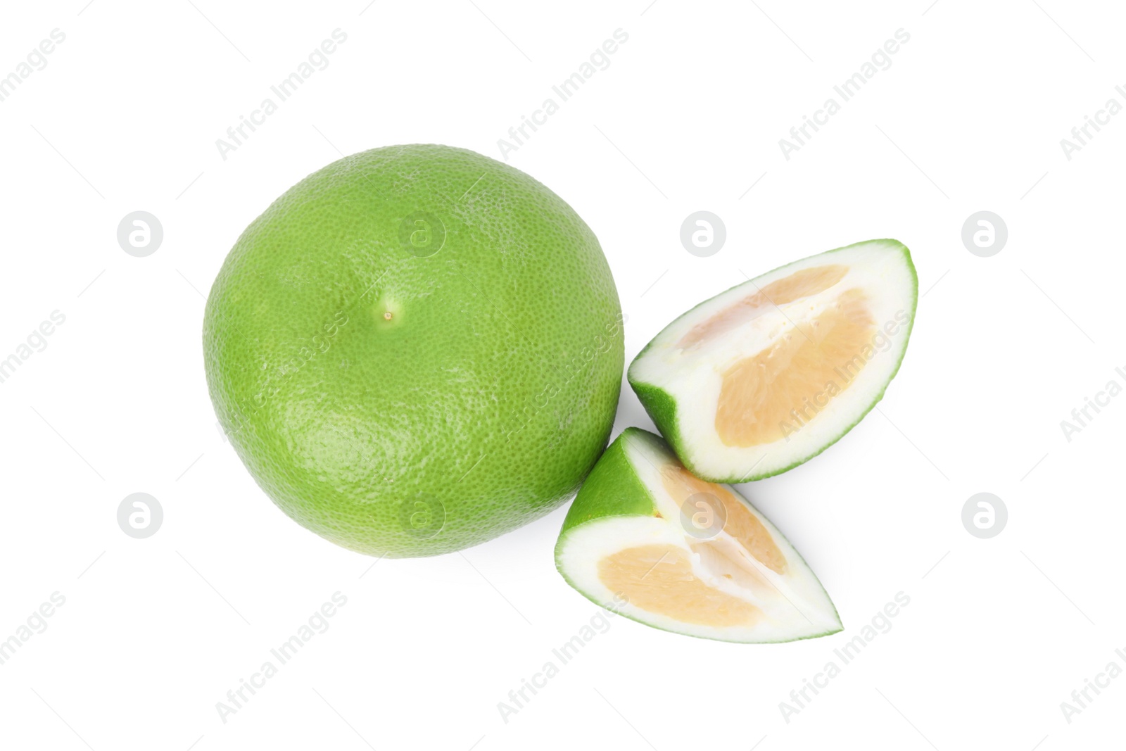 Photo of Whole and cut sweetie fruits on white background, top view