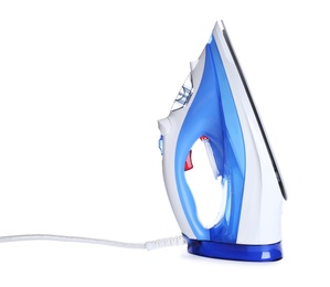 Photo of Modern electric iron on white background. Household appliance