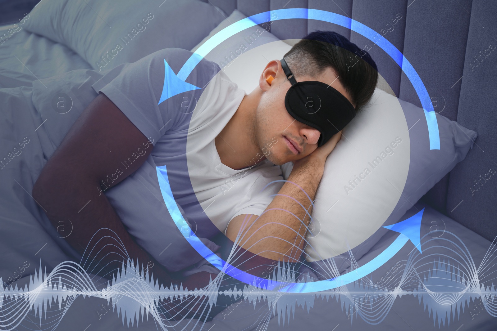 Image of Man with foam ear plugs and mask sleeping in bed. Tips for manage sleep deprivation