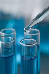 Dripping liquid from pipette into test tube in laboratory, closeup