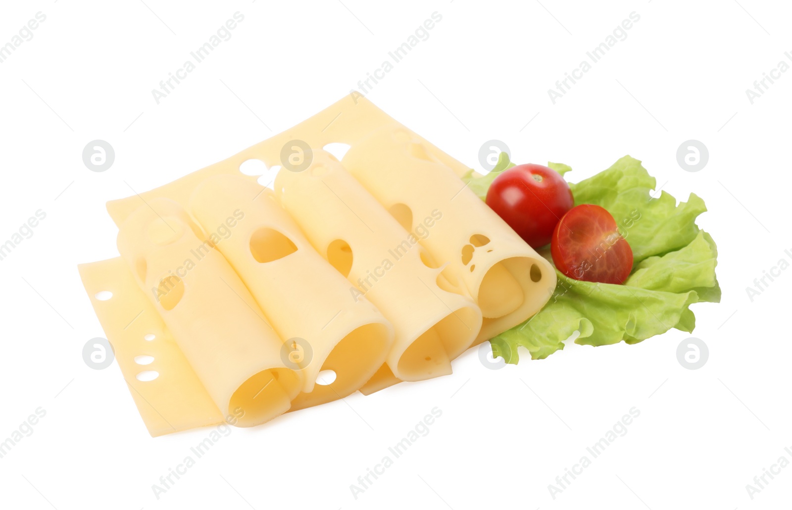 Photo of Slices of tasty fresh cheese, tomatoes and lettuce isolated on white