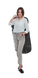 Woman holding garment cover with clothes on white background. Dry-cleaning service