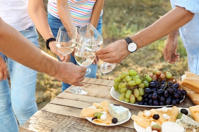 Photo of Friends drinking white wine on vineyard picnic