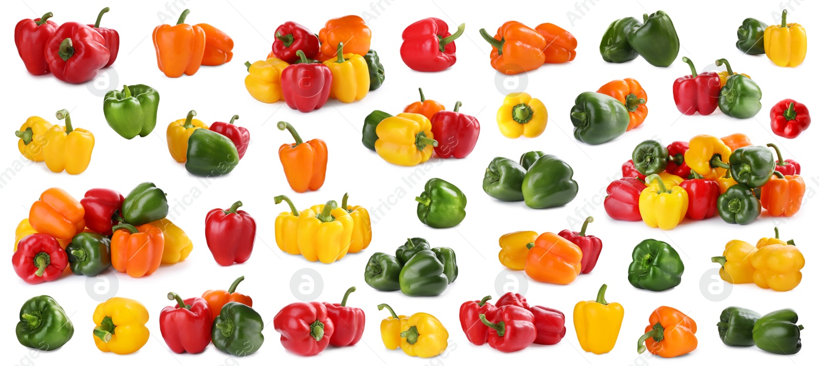 Image of Set of different ripe bell peppers on white background