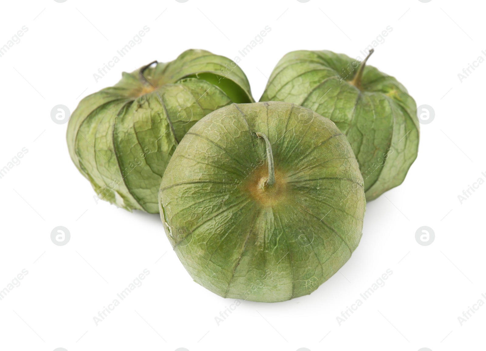 Photo of Fresh green tomatillos with husk isolated on white