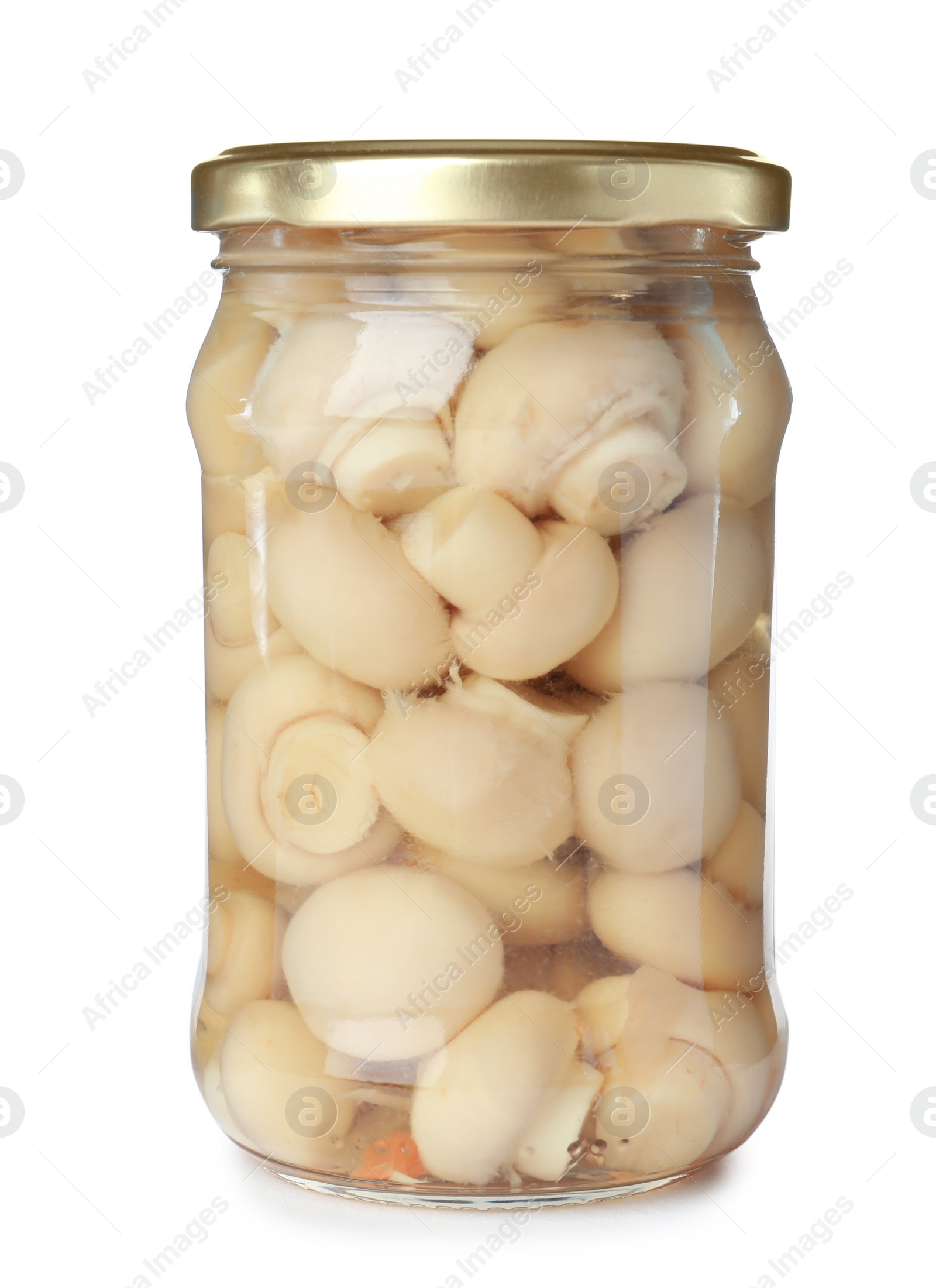 Photo of Glass jar with pickled mushrooms isolated on white