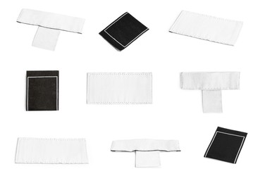 Different blank clothing labels on white background, collage