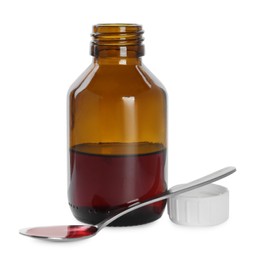 Bottle of cough syrup and spoon on white background