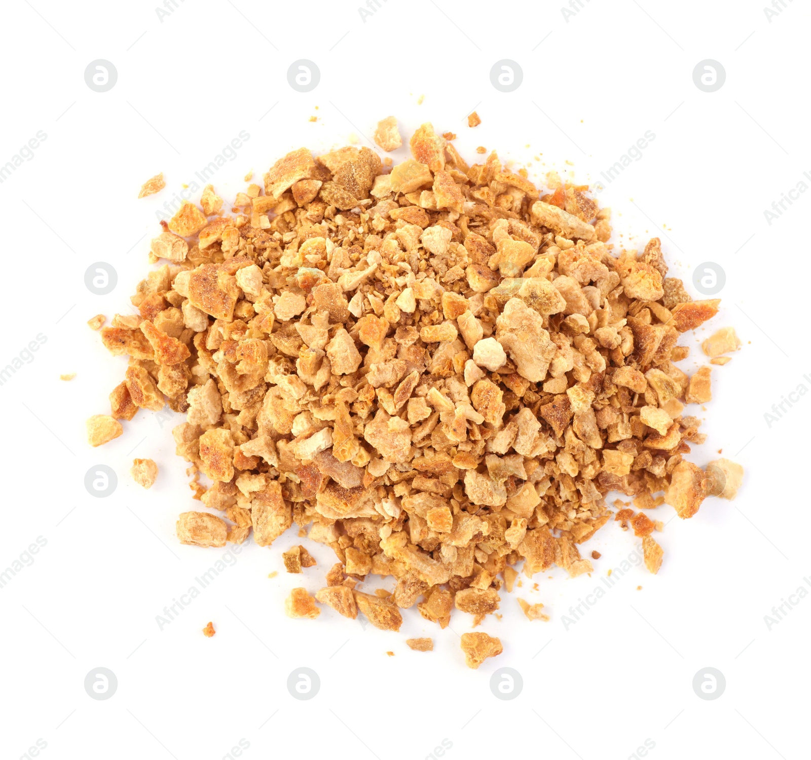 Photo of Pile of dried orange zest seasoning isolated on white, top view