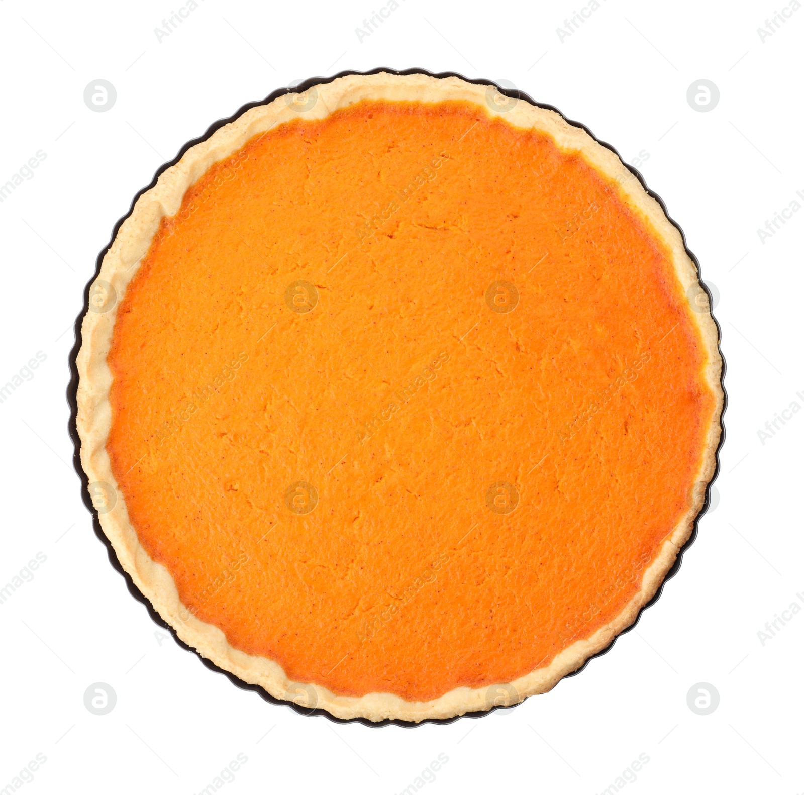 Photo of Delicious homemade pumpkin pie isolated on white, top view