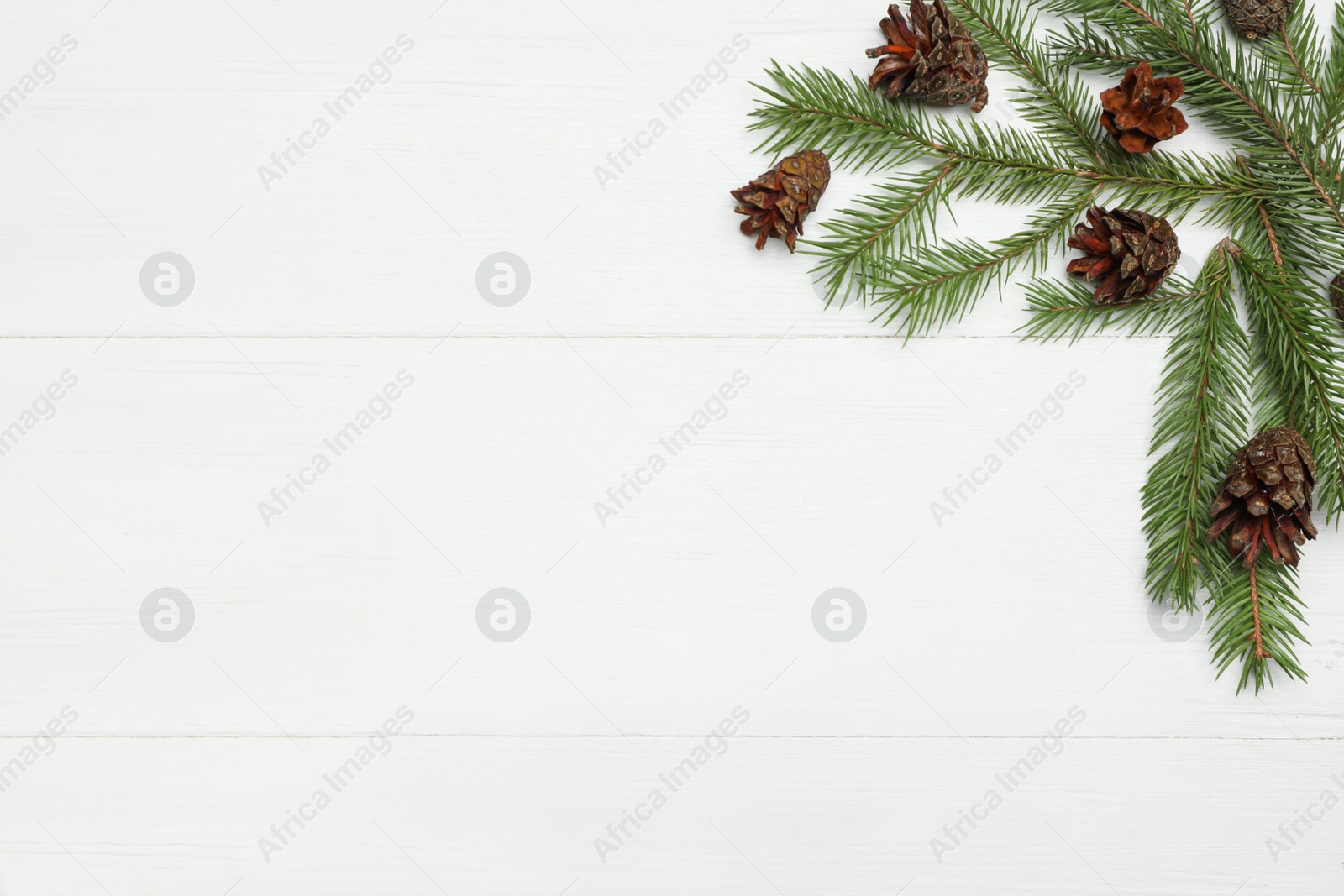 Photo of Flat lay composition with pinecones on white wooden background, space for text