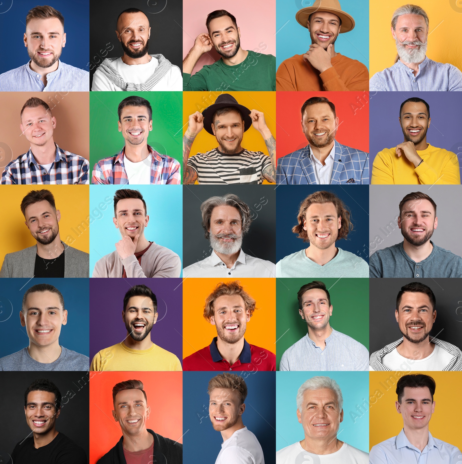 Image of Collage with portraits of happy men on different color backgrounds