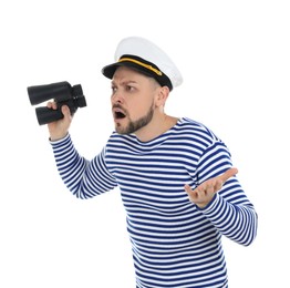 Photo of Shocked sailor man with binoculars on white background