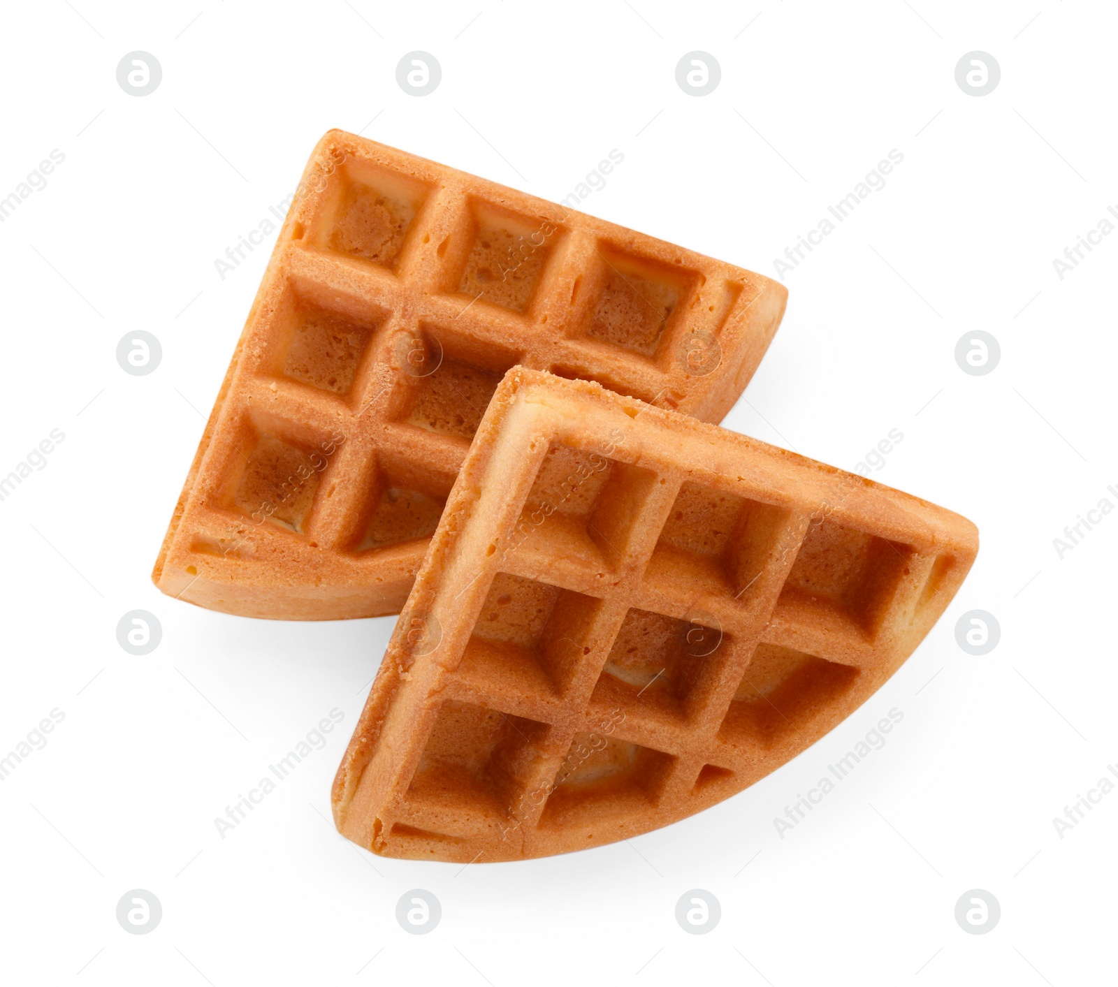 Photo of Two tasty Belgian waffles isolated on white, top view