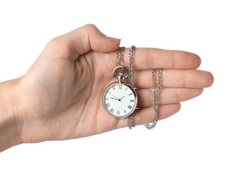 Photo of Woman holding pocket clock with chain on white background, closeup