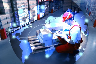 Worldwide logistics. Worker holding clipboard near pallet with boxes in warehouse and illustration of map