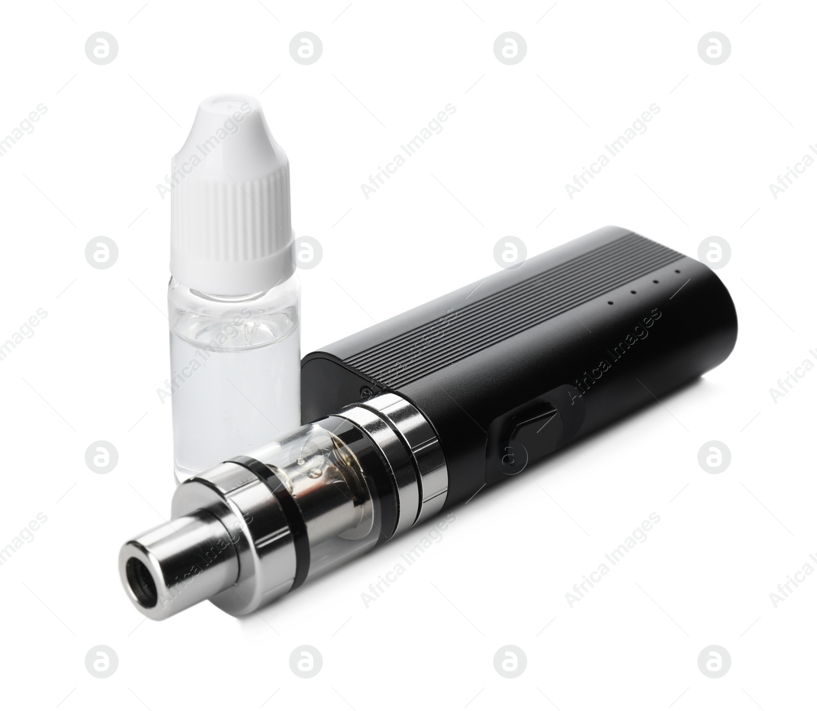Photo of Electronic smoking device and vaping liquid on white background