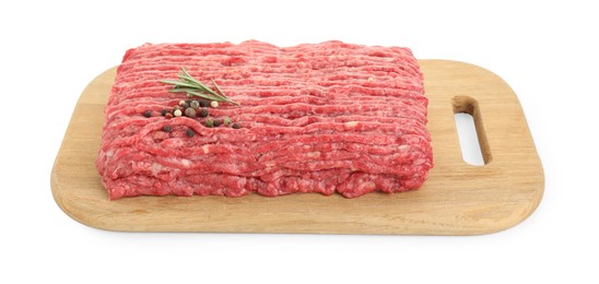 Raw ground meat, rosemary and peppercorns isolated on white