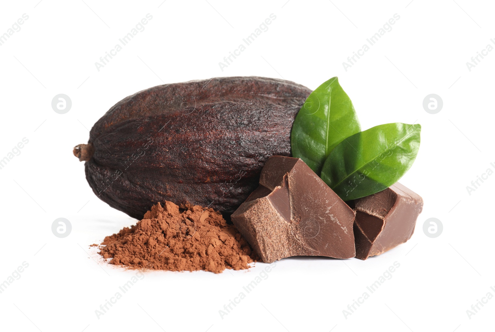 Photo of Composition with cocoa products on white background