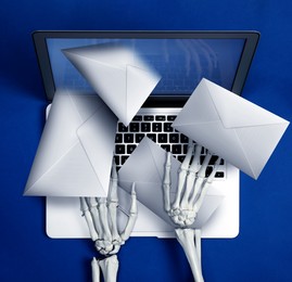 Image of Email spam. Human skeleton, laptop and many letters on blue background, top view