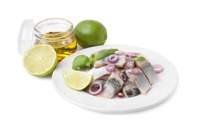 Photo of Plate with tasty fish, marinade and lime isolated on white