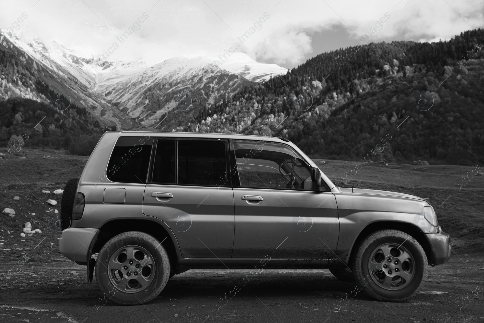 Image of Modern car in beautiful mountains. Black and white effect