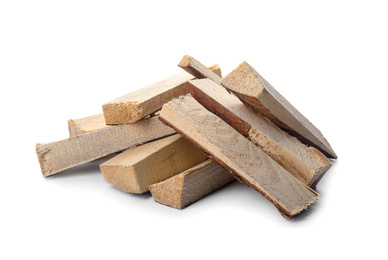 Cut firewood on white background. Heating in winter