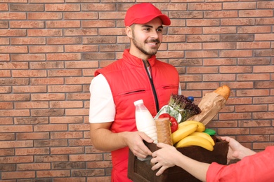 Male courier delivering food to client indoors