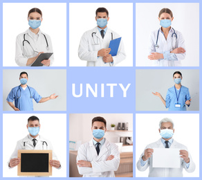 Image of Unity concept. Collage with team of doctors wearing medical masks