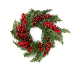 Photo of Beautiful Christmas wreath with red berries and fir tree twigs isolated on white