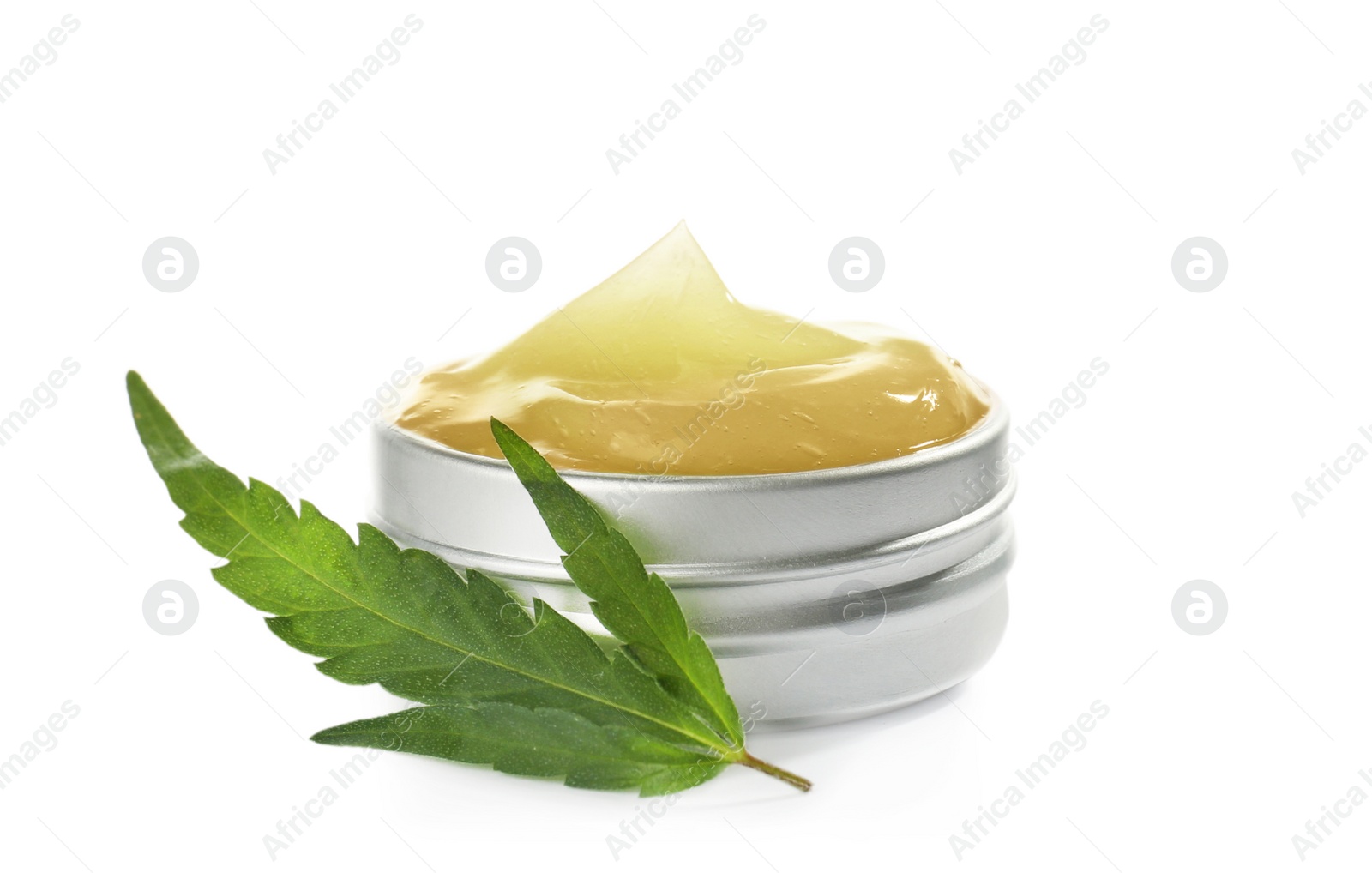 Photo of Jar with hemp lotion on white background