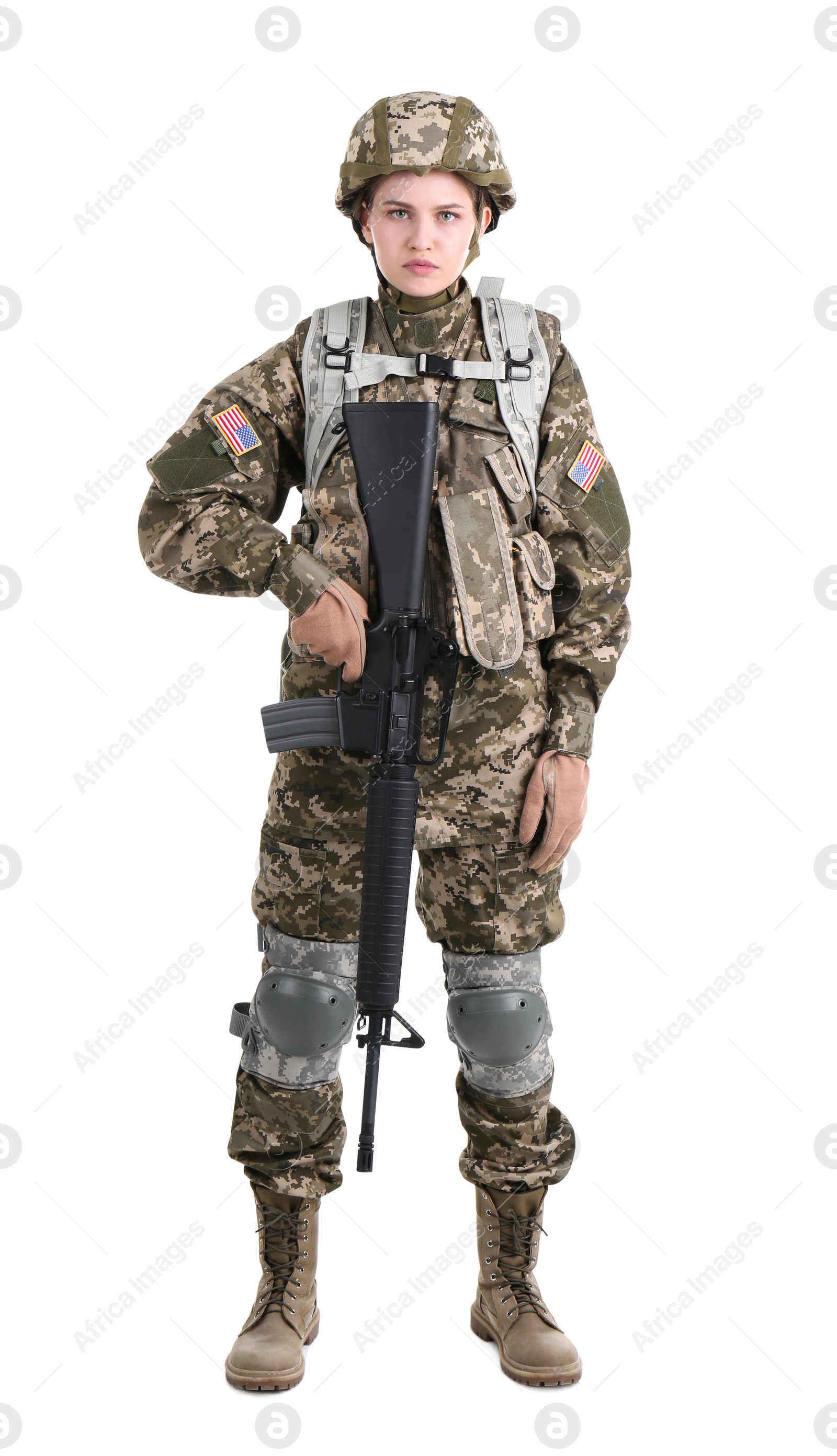 Photo of Female soldier with machine gun on white background. Military service