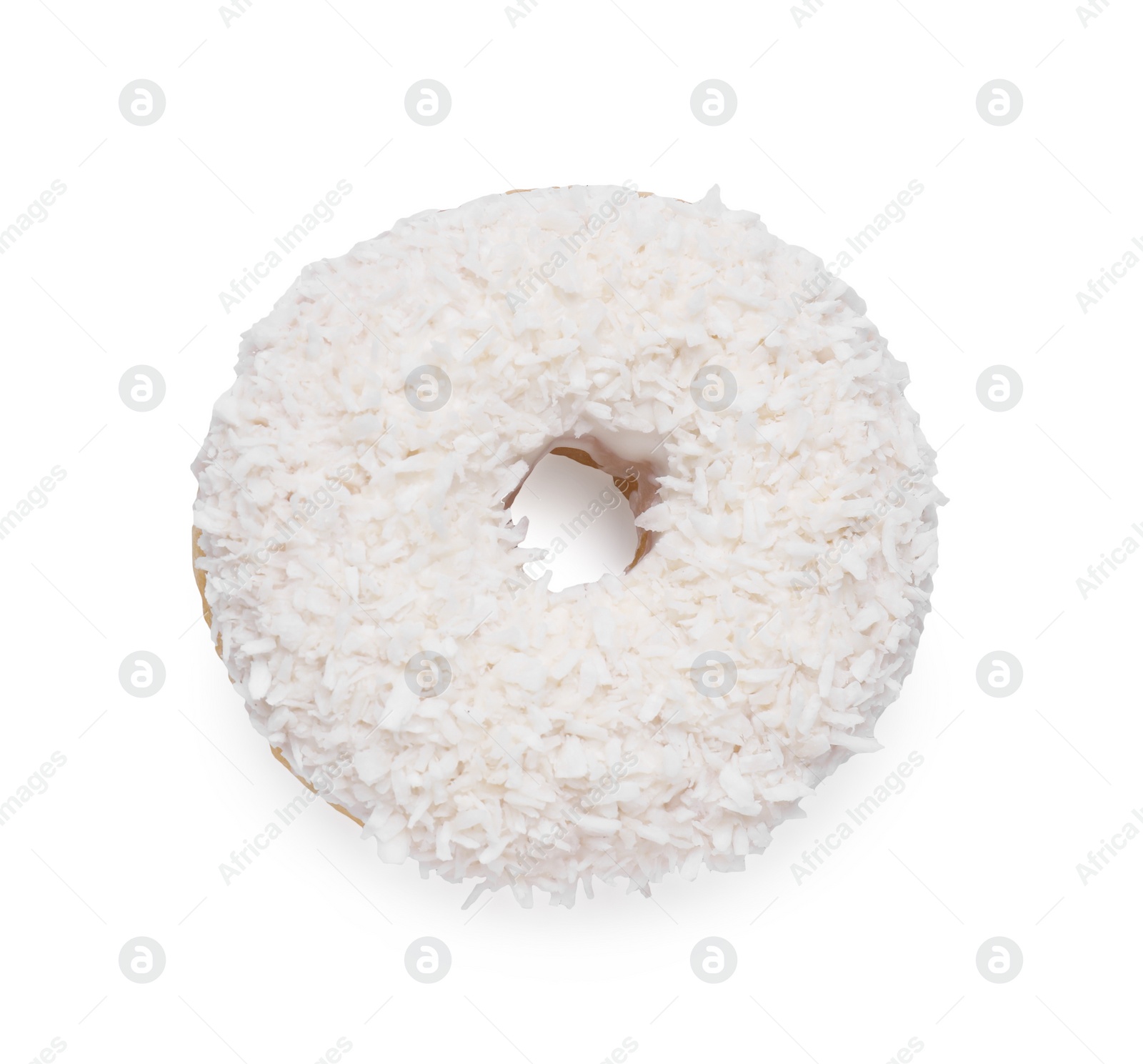 Photo of Tasty glazed donut with coconut shavings isolated on white, top view