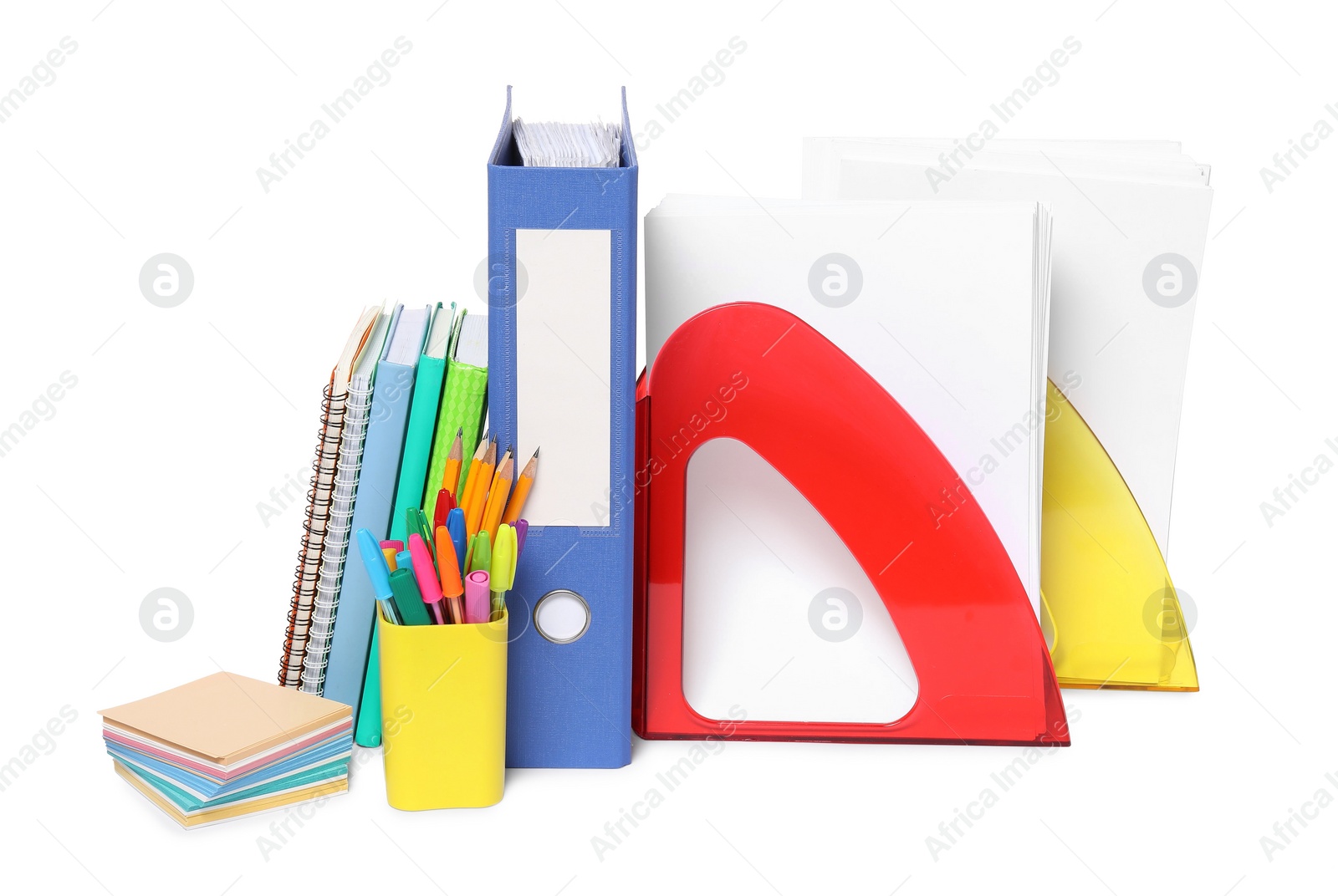 Photo of Bright office folder and different stationery isolated on white