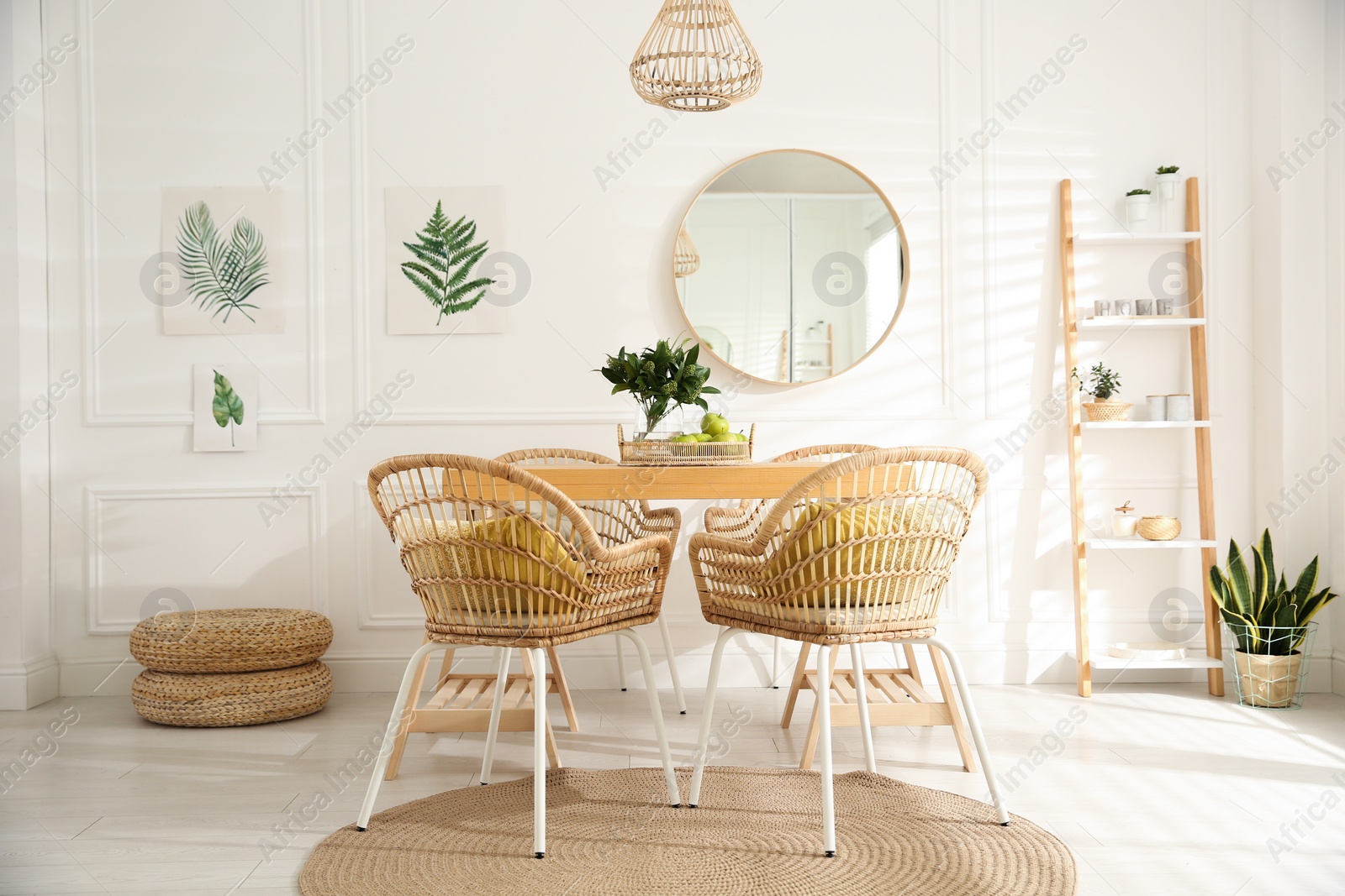 Photo of Stylish wooden dining table and chairs in room. Interior design