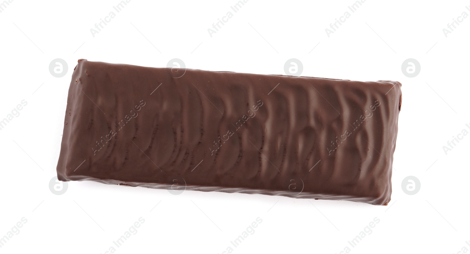 Photo of Tasty chocolate glazed protein bar isolated on white, top view. Healthy snack