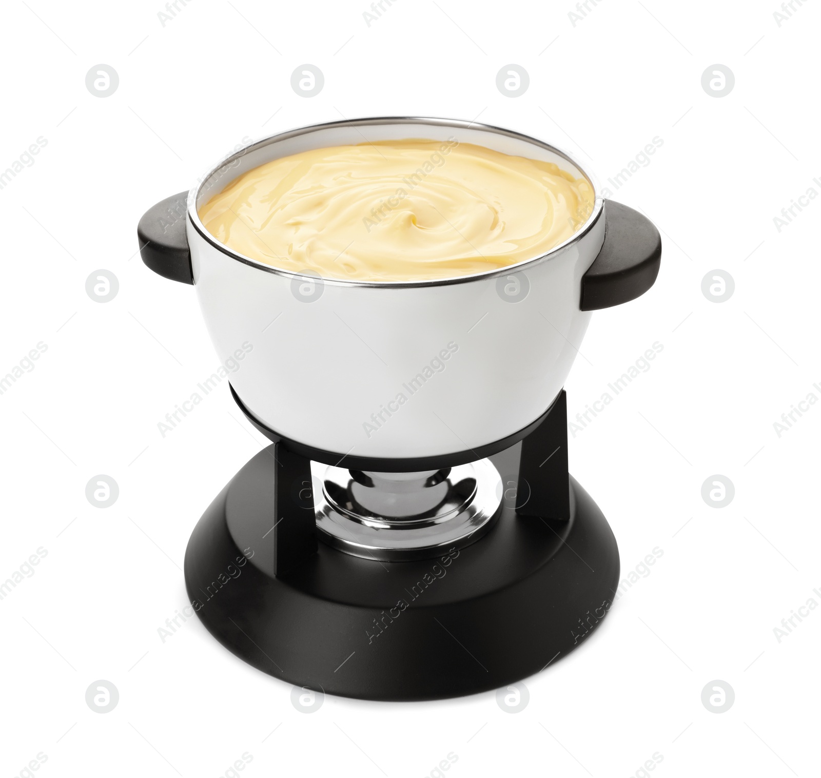 Photo of Pot with delicious cheese fondue on white background