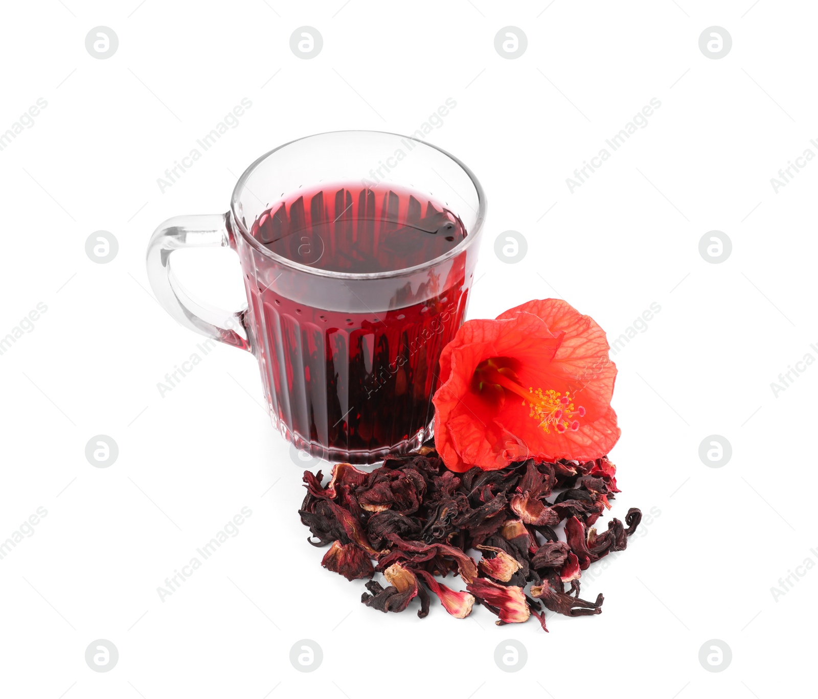 Photo of Delicious hibiscus tea and dry flowers on white background