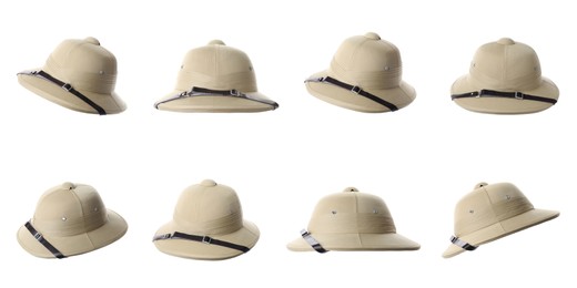Image of Set with stylish safari hats on white background, banner design. Trendy headdress