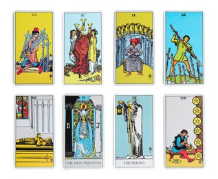 Image of Set with different tarot cards on white background