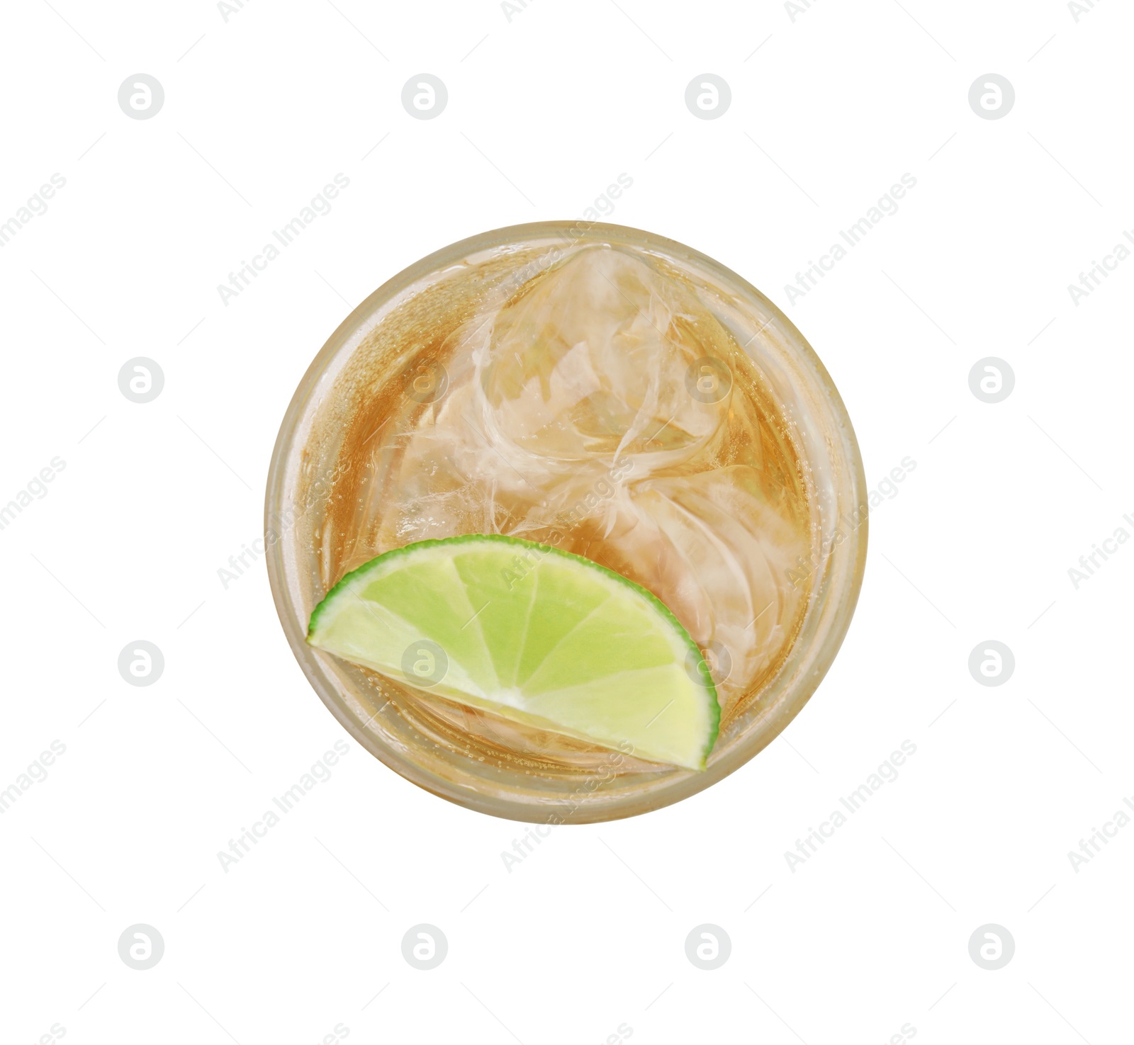 Photo of Glass of tasty ginger ale with ice cubes and lime slice isolated on white, top view